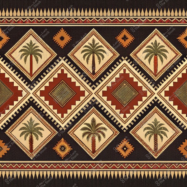 تصميم هندسي بتطريز تقليدي يحتوي على نمط مكرر من الأشكال الماسية تتوسطها أشجار نخيل. الألوان الأساسية المستخدمة هي الأسود, البني, البيج, والأخضر. النمط يعكس الطابع الثقافي التقليدي, وربما يُشير إلى الأقمشة التراثية في منطقة الشرق الأوسط.