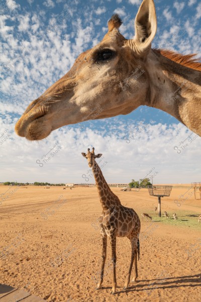Two giraffes are depicted in an open desert landscape with a clear blue sky and scattered clouds. The first giraffe is shown with part of its head and upper neck in the foreground, while the second giraffe appears fully in the background near a small green area.