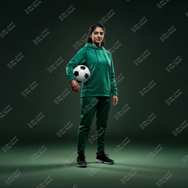 Portrait of a woman standing in a dark studio holding a soccer ball. She is dressed in a green tracksuit, which includes a hoodie and track pants, along with black athletic shoes. The image gives the impression that she could be an athlete from Saudi Arabia.