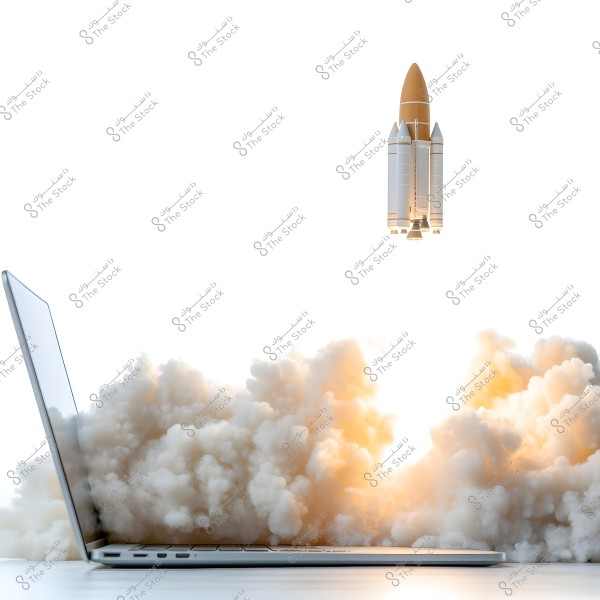 An image depicting a laptop on a table emitting thick clouds of orange and white smoke, with a rocket taking off in the background. The background is white, evoking a sense of launch and digital creativity.