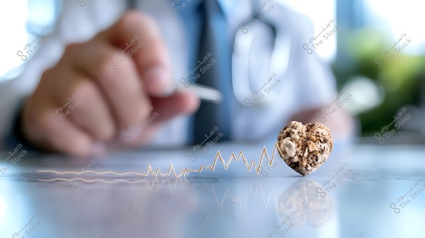 The image features a hand of a person wearing a doctor\'s attire, blurred in the background. In the foreground, there is a small heart-shaped cookie placed on a smooth surface with a heart rate line extending from the hand to the cookie, symbolizing health and the relationship between food and heart health.