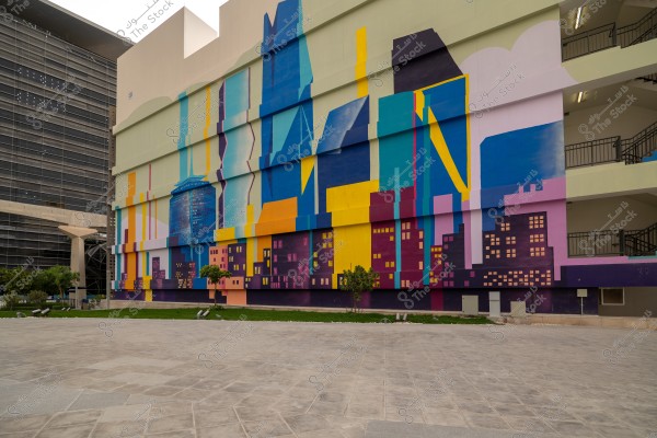 Image of a large building wall painted with a colorful mural depicting a modern urban scene. The mural includes buildings in bright colors such as blue, yellow, and pink, representing the city skyline. The building is surrounded by green spaces, small trees, and a paved ground. Another building with a modern design is next to the mural.