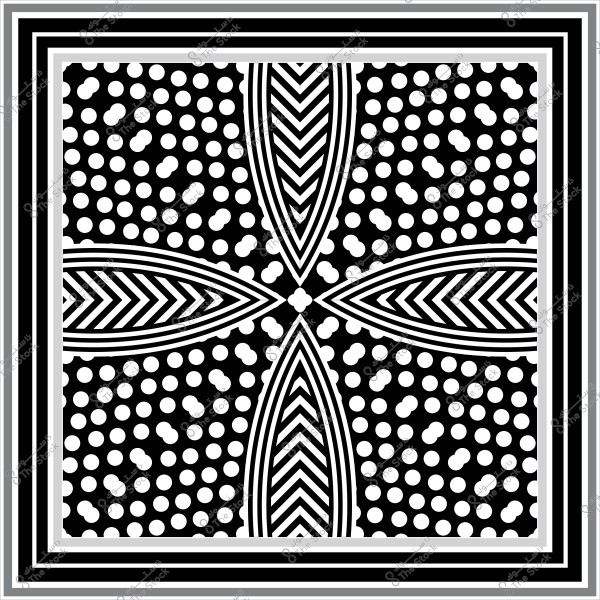 A black and white geometric design resembling traditional African patterns, featuring zigzag lines and repeating dots with a multi-layered border.