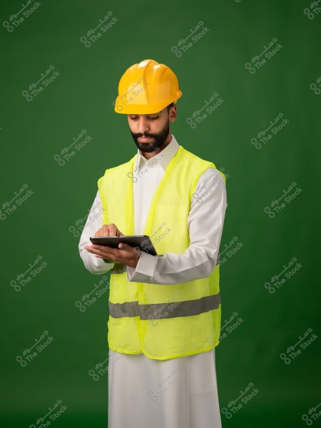 مهندس يرتدي سترة أمان صفراء وخوذة يعمل على جهاز لوحي أمام خلفية خضراء.