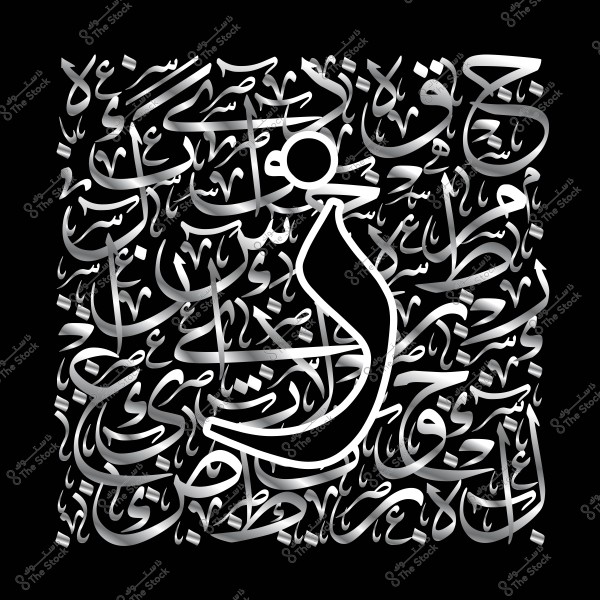 عمل فني معاصر بالخط العربي يستخدم الحروف لخلق تصميم بصري معقد ومتناسق, مع خلفية سوداء ونص فضي.
-