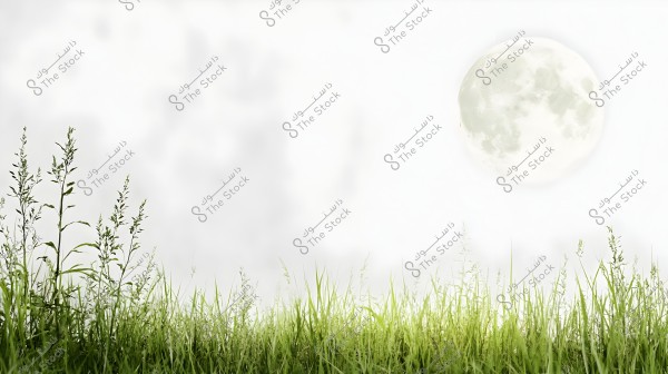** An image showing a natural scene featuring green grass in the foreground beneath a clear sky with a full moon visible in the background. The colors are calm, reflecting a serene evening landscape.\r\n- **