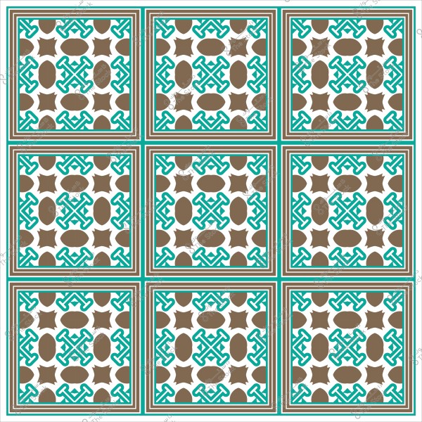 نمط فسيفساء هندسي بألوان البني والأزرق الفيروزي يشكل شبكة من المربعات المتكررة.