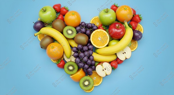 A heart-shaped arrangement of various fruits on a blue background. The assortment includes sliced kiwi, bananas, green and red apples, oranges, strawberries, purple grapes, and plums.