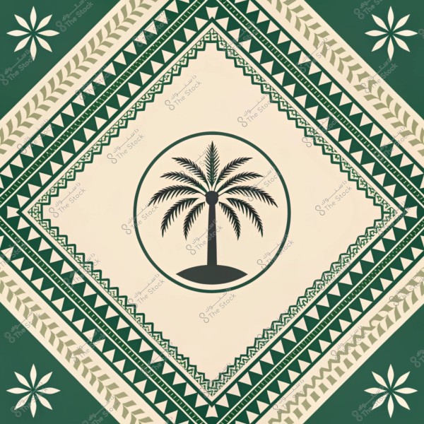 تصميم هندسي بألوان خضراء وكريمية يتضمن شجرة نخيل في المركز ضمن دائرة. الإطار الخارجي يحتوي على أنماط هندسية متكررة وزخارف تقليدية. هناك أيضًا أشكال زهرية في الزوايا.