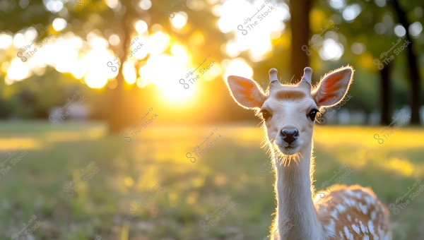 An image of a young deer standing in the foreground with a natural background featuring bright sunlight shining through trees. The deer has a fawn color with white spots, and the golden light gives the image a warm effect.