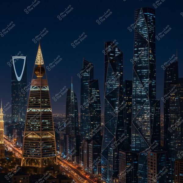 A nighttime view of Riyadh city in Saudi Arabia, showcasing a group of beautifully lit skyscrapers. Prominently featured are the Al Faisaliah Tower with its unique cone-shaped top and the Kingdom Tower with its iconic top opening. The lights scattered everywhere highlight the city\'s modernity and beauty.