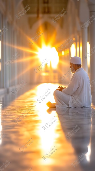 A man sits in a meditative or prayer position inside a long corridor of a mosque, wearing a white robe and head covering. Golden sunlight streams through the windows, casting a warm glow on the shiny marble floor.