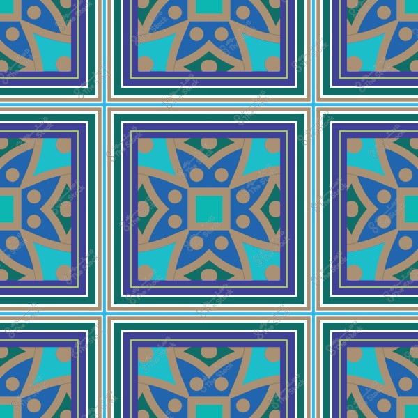 Geometric pattern design with blue, green, and brown colors in repeating squares.
