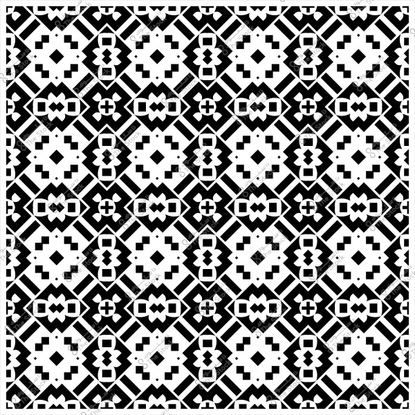 A black and white geometric pattern featuring repeated decorative shapes, squares, and intersecting lines.