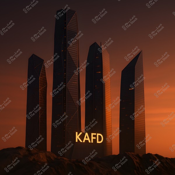 An image showcasing a group of modern skyscrapers with distinctive geometric designs, seen during sunset, casting warm orange hues. The word \"KAFD\" is prominently illuminated in the foreground. The buildings reflect a transformative global architectural style and are set against a rocky background.