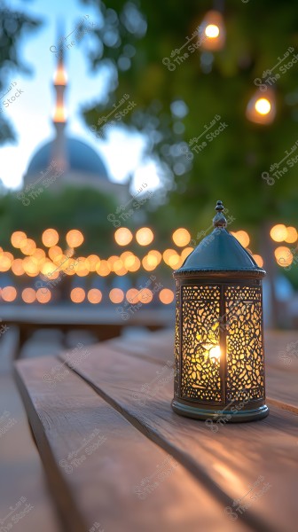 A lit lantern with intricate decorative details placed on a wooden table in the foreground. In the background, there is a mosque with a dome and a minaret, along with a series of blurred lights strung between trees, providing a tranquil and spiritual atmosphere.