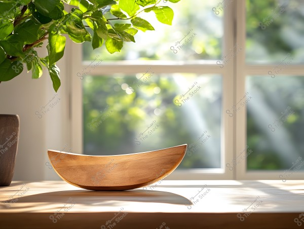 An image depicting a wooden bowl on a wooden table illuminated by sunlight coming through a large window in the background. The sunlight casts soft shadows on the surface, and there is a plant with green leaves in the left corner of the image, adding a natural and tranquil touch to the scene.