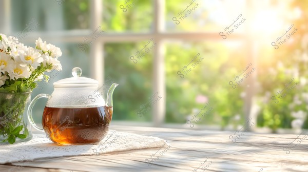 A clear glass teapot filled with warm brown tea placed on a sunlit wooden table. Next to it is a glass vase containing a bouquet of beautiful white flowers. In the background, a large window reveals a view of a bright green garden.