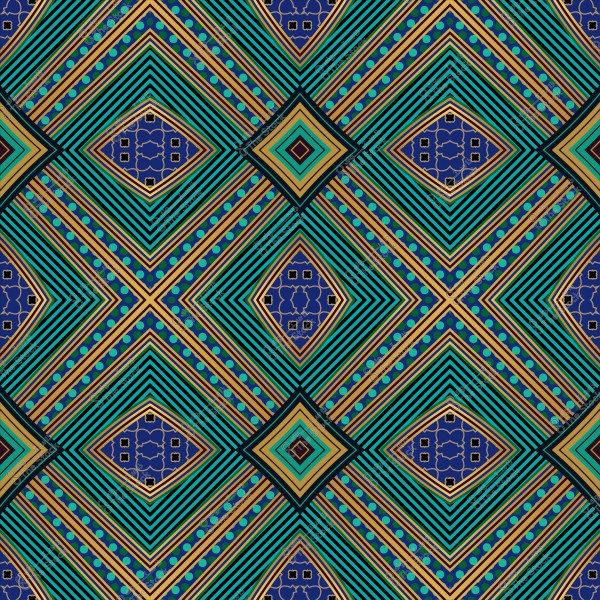 تصميم هندسي بأشكال ماسية وزخارف متماثلة بألوان زرقاء وذهبية وخضراء.