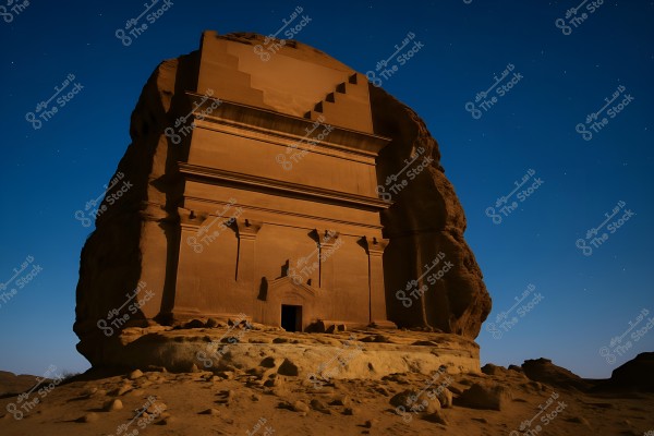 Nighttime image of an archaeological site carved into a massive rock, likely located in AlUla, Saudi Arabia. The site features an ornate façade beautifully illuminated against a starry blue sky. The surrounding ground is covered with sand and small rocks.