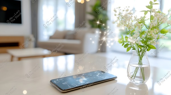 A smartphone is displayed on a shiny table in a modern living room, next to a glass vase containing long-stemmed white flowers. The background is blurred, showing a sofa and glass walls reflecting daylight. The image conveys a sense of modernity and tranquility.