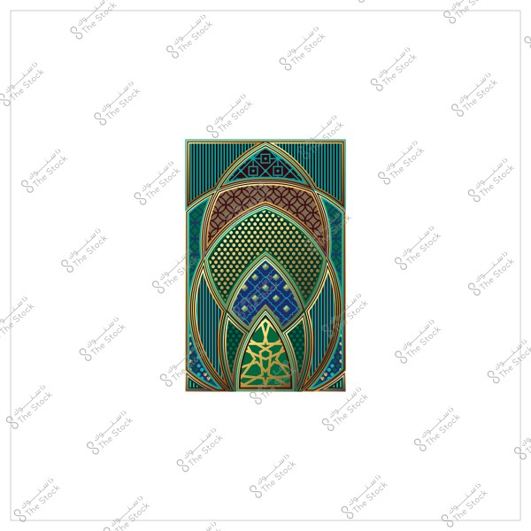 تصميم هندسي ملون بألوان زاهية من الأزرق والأخضر والذهبي بتفاصيل إسلامية.