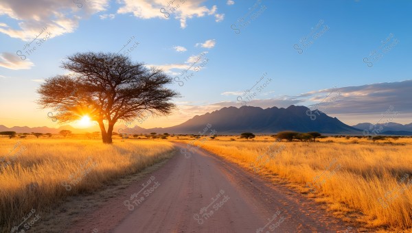 A breathtaking natural landscape featuring a narrow dirt road stretching across a golden grassy plain, with a large prominent tree on the left side in the foreground. The sun sets behind the tree, casting a golden glow across the scene. In the background, a range of black mountains with sharp peaks can be seen, harmonizing with the sun\'s rays. The sky is blue with a few scattered clouds in the upper right of the image.