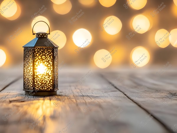 A lit metal lantern with an intricate design sits on a wooden surface. The lantern emits a warm yellow glow, with a background of softly glowing lights in similar hues.
