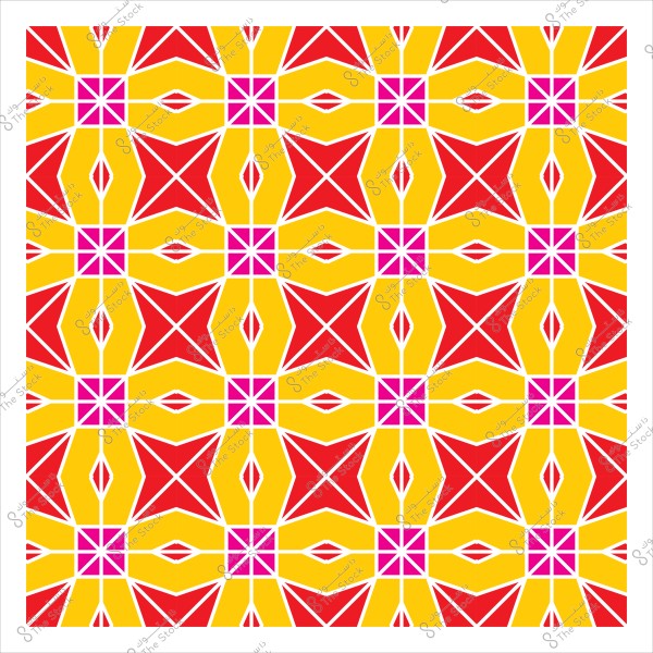 Geometric decorative pattern featuring red, yellow, and pink shapes repeated in a symmetrical design.