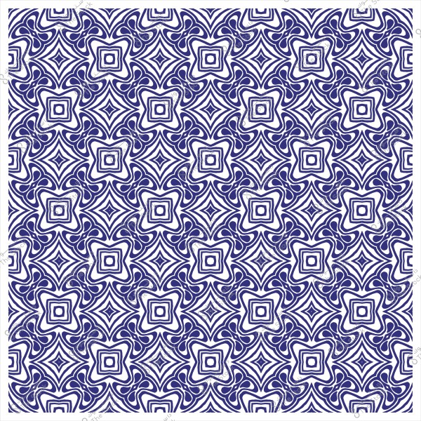Blue and white geometric decorative pattern featuring repeating star and flower-like shapes.