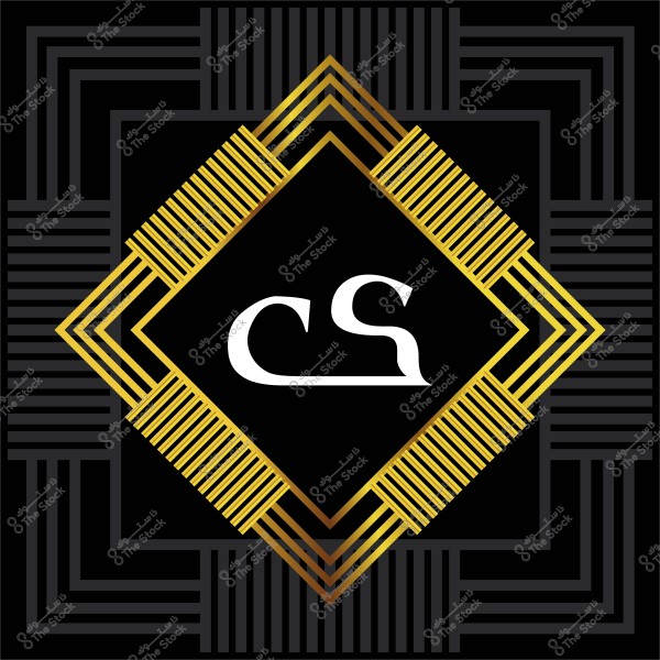 تصميم هندسي على شكل مربع يحتوي على حروف "CS" باللون الأبيض داخل إطار ذهبي على خلفية سوداء.