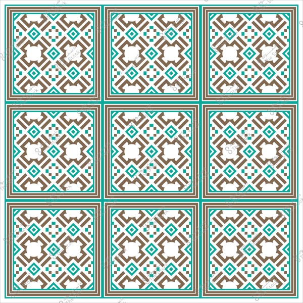 تصميم هندسي لبلاط مزخرف بأشكال هندسية باللونين البني والفيروزي.