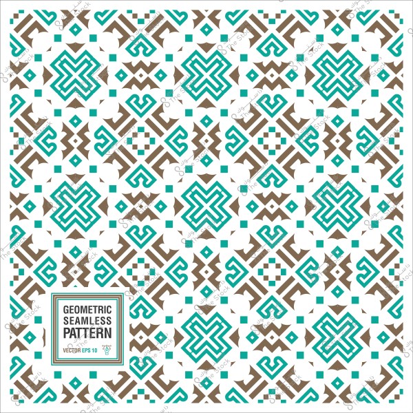 Geometric seamless pattern with interlocking shapes in brown and turquoise blue on a white background.