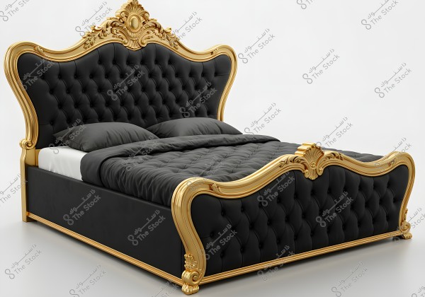 Image of a luxurious bed with a classic design, featuring a black upholstered frame adorned with gold embellishments and a distinctively ornate headboard. The pillows and bedding match the lavish black color, giving it an elegant and opulent appearance.