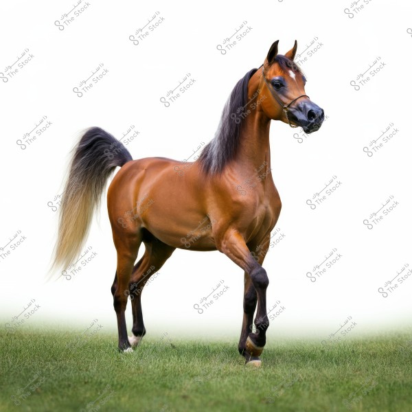 Image of a purebred Arabian horse with a reddish-brown coat, standing proudly on green grass. The horse has a long, glossy tail with a blackish mane, transitioning to a lighter shade at the end. The background is white, highlighting the horse\'s details beautifully.