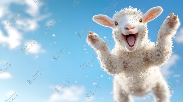 An image of a small white lamb jumping in the air under a clear blue sky. The lamb has a playful and happy expression, with its mouth open as if smiling or laughing. The fleece appears white and clean, and the large ears are prominently visible.