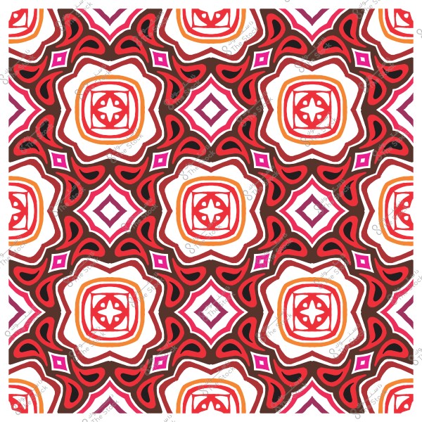 Symmetrical decorative pattern with circular and square shapes in red, orange, and purple colors.