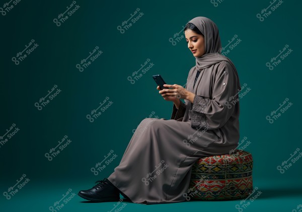 An image of a person wearing a dark brown abaya and a matching hijab, sitting sideways on a patterned cushion, looking at a mobile phone in their hands. The background is dark green, and the person is wearing black shoes. The photo portrays a modern traditional appearance likely from the Middle East, such as Saudi Arabia.