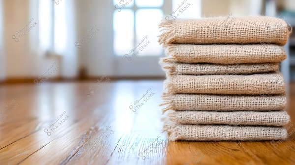 The image shows a stack of brown burlap fabrics neatly piled on a shiny wooden floor. In the background, bright sunlight shines through a window, adding a warm and soft ambiance to the spacious room.