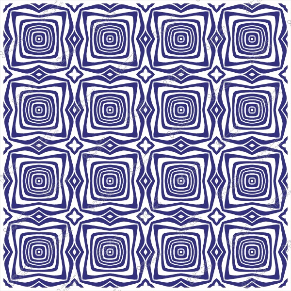 A repeating pattern of decorative blue squares with wavy ring designs on a white background.