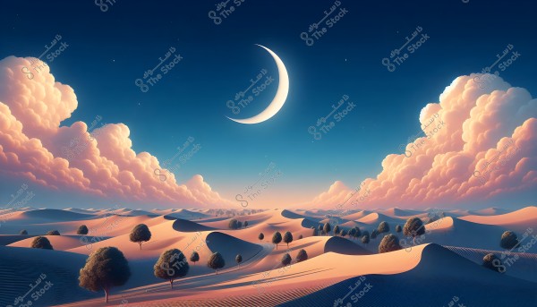 A breathtaking view of a desert at night under a glowing crescent moon. The sky is a deep blue, dotted with twinkling stars. Pink clouds are scattered across the horizon, highlighting the smooth, rolling sand dunes below. Clusters of trees are scattered across the dunes, adding a touch of life to the sandy landscape.