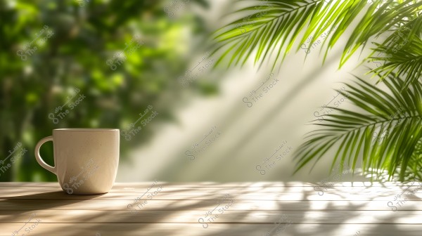 The image depicts a white coffee mug placed on a wooden table, surrounded by green plant leaves. The lighting is soft, casting beautiful shadows on the table, giving an impression of calmness in the natural surroundings.