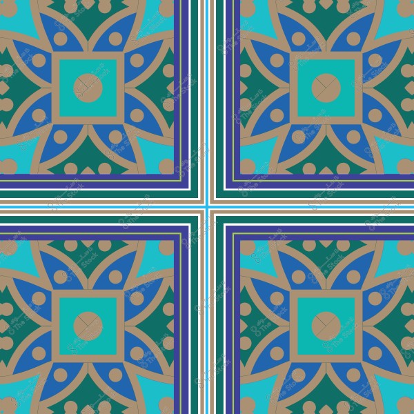 تصميم هندسي بنمط فسيفسائي يتضمن أشكالاً دائرية ومربعات بألوان زرقاء وخضراء وبنية.