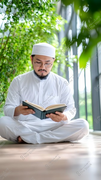 An image of a man sitting comfortably on the floor, reading a book. The man is wearing a white robe, glasses, and a small white cap on his head. The background includes green plants and natural light streaming through large windows, creating an atmosphere of calmness and focus.