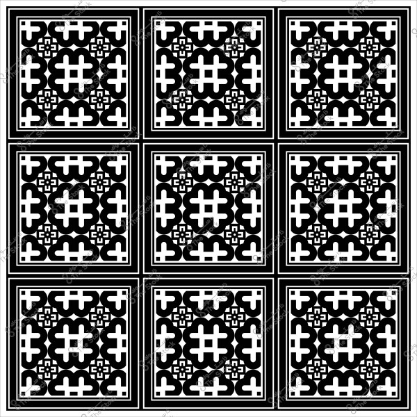تصميم زخرفي هندسي باللونين الأسود والأبيض يُظهر تسعة مربعات متكررة تحتوي على نمط تقليدي.