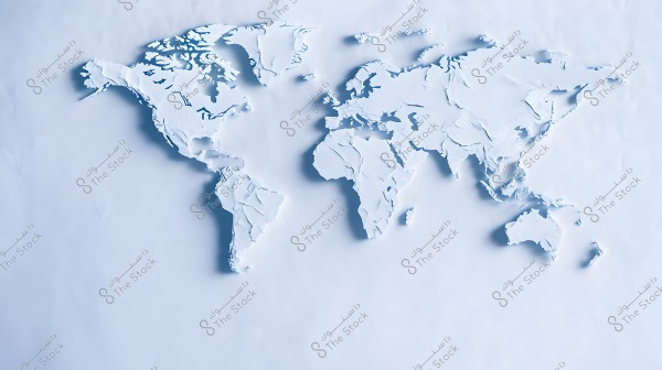 Image depicting a world map in an artistic style, with continents appearing sculpted from white paper. The map showcases prominent geographical details in a three-dimensional appearance and is gently lit to highlight the contours and details. The background is a smooth, light color, adding to the image\'s simple and clean aesthetic.