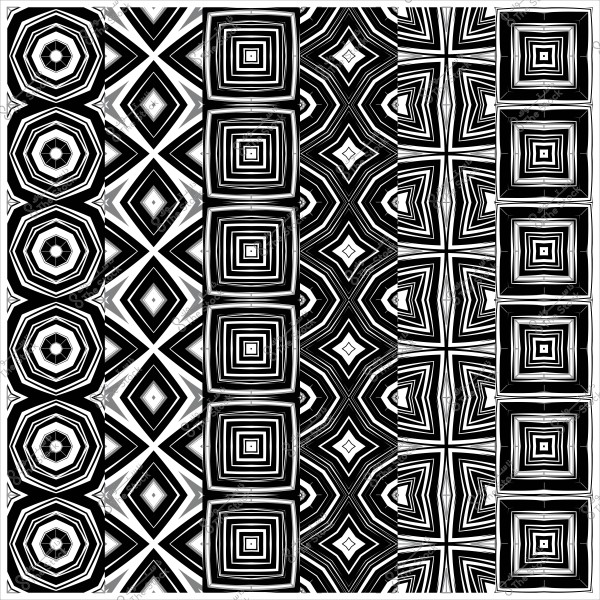 صورة لنمط هندسي أبيض وأسود بخطوط ونقاط موزعة بشكل متكرر على خلفية مربعة.