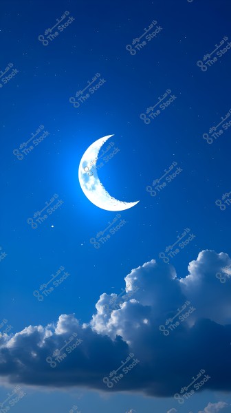 An image of a blue night sky with a bright crescent moon surrounded by many twinkling stars. Thick white clouds are visible at the bottom of the image, creating a serene and beautiful scene.