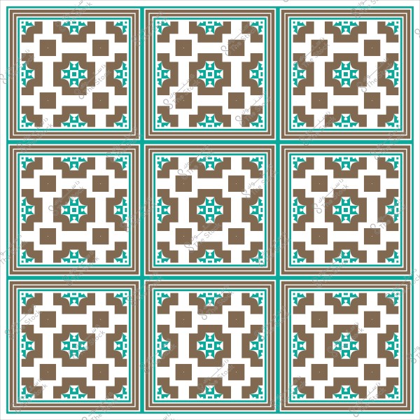 تصميم هندسي لبلاط مزخرف بألوان بني وأزرق فاتح على خلفية بيضاء.