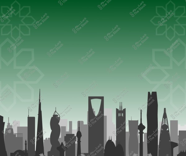 An image showcasing the skyline of Riyadh, the capital of Saudi Arabia, with a green gradient background. Prominent landmarks include the Kingdom Tower and Al Faisaliah Tower, along with other recognizable buildings, featuring Islamic star patterns on the sides.